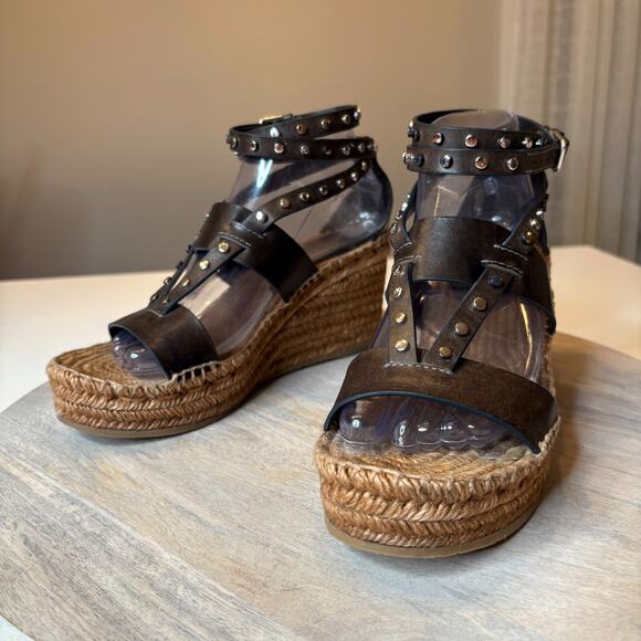 Authentic Jimmy Choo Raffia Calfskin Stud Danica Wedge Sandals US Size 8 EU 38 - Picture 1 of 12